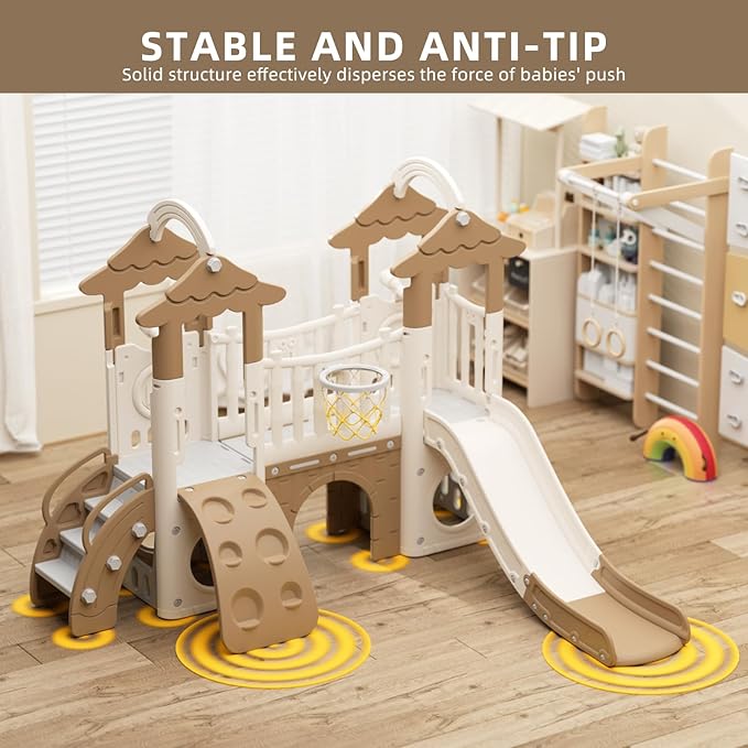 KORIMEFA 9-in-1 Toddler Slide, Kid Slide for Toddlers Age 1-3, Basketball Hoop, and Telescope, Indoor Outdoor Slide Toddler Playset Toddler Playground, Forest Themed Brown, FE-ST-SWW0308