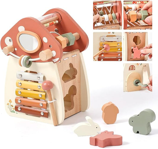 Youuys Wooden Activity Cube - 11-in-1 Montessori Toys for 1+ Year Old Boys & Girls, Multipurpose Educational Sensory Toys for Toddler, First Birthday Gift, Busy Board Toys for 18 Months (Mushroom)