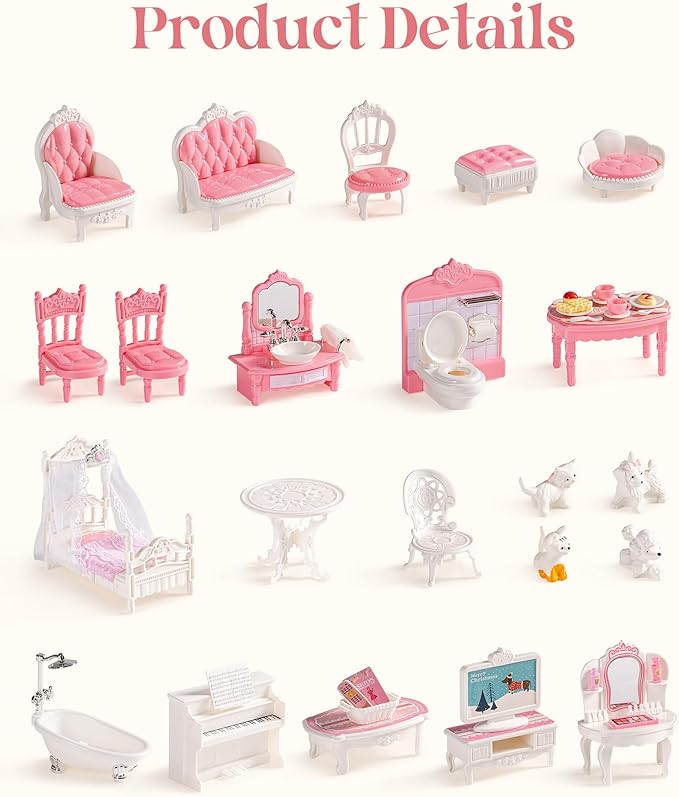 ROBUD Dollhouse Furniture, Pink Doll House Accessories and Furniture for Dining Room, Bathroom, Bedroomn,Living Room, Dollhouse Accessories Pretend Play Furniture Toys for Kids, WDHXX