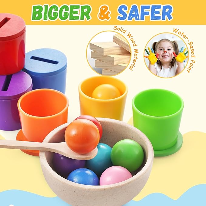 Ball in Cups Toddler Montesssori Toys for 1 Years Old, Rainbow Color Sorting Toy Coin Box Matching Game, Wooden Learning Color for Baby Toddler Age 1-3, Fine Motor Developmental Infants Sensory Toy