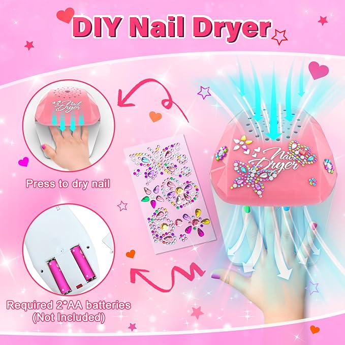 Kids Nail Polish Set for Girls Toys, Washable Quick-Dry Toddler Nail Art Kit with Air Cooling Dryer and Cosmetic Case, Christmas or Birthday Gifts for Girls Ages 3 4 5 6 7 9 10 11 12-Pink