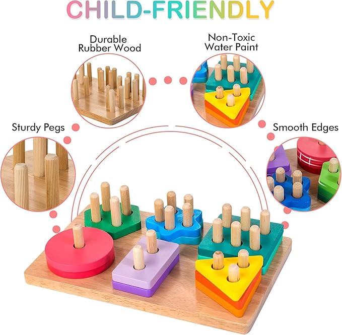 Wooden Sorting & Stacking Toys, Montessori Toys for 1 2 3 Years Old Toddlers, Shape Sorter Puzzles with 24-Piece Large Geometric Blocks & 12 Word Cards, Gift for 12+ Months Baby Boys Girls