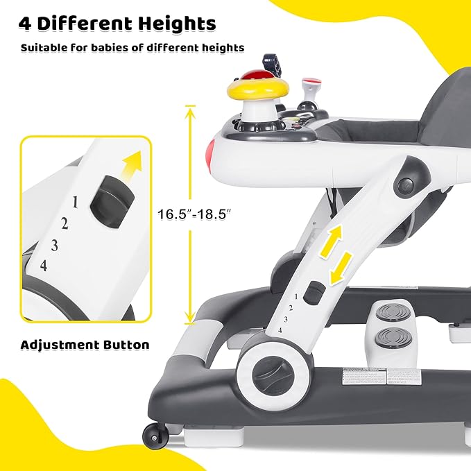 6 in 1 Baby Walker, Baby Activity Center for Toddler, Walker Rocker Bouncer w/Adjustable Height Speed, Learning-Seated & Walk-Behind, Infant Walker w/Feeding Tray & Music Toys, Grey