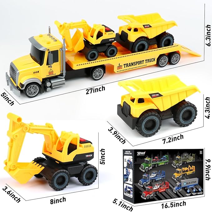 Dwi Dowellin 27" Large Friction Powered Construction Truck Car Toy with Excavator and Dump Truck, Semi-Trailer Toys for 3 4 5 Years Old Toddlers Kids Boys & Girls Gift
