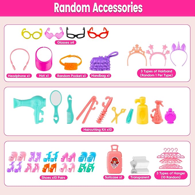 110 Pcs Doll Clothes and Accessories Dress up Toys for Girls with Wedding Dresses, Casual Dresses, Casual Jumpsuit, Swimsuits Bikini, Glasses, Shoes, Hangers, Doll Clothes Toys for Girl Gift