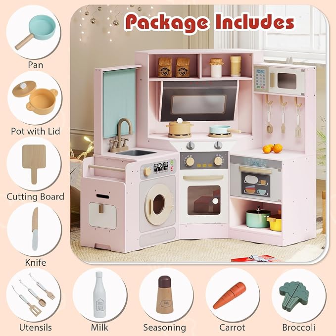Costzon Corner Play Kitchen, Large Pretend Play Kitchen w/Real Light & Sound, Pull-Out Trash Can, Stoves, Microwave, Oven, Washer, Little Chef Wooden Kitchen Playset for Kids 3+ Years Old (Pink)
