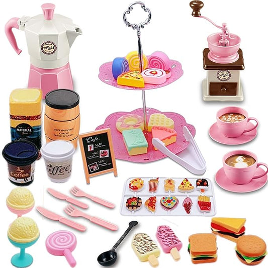 Pretend Tea Party Set for Little Girls, 48 PCS Coffee Maker Set and Play Food Dessert Set for Kids Age 3 4 5 6 7 8 9, Kids Kitchen Pretend Play for Princess Girls Boys(Pink)