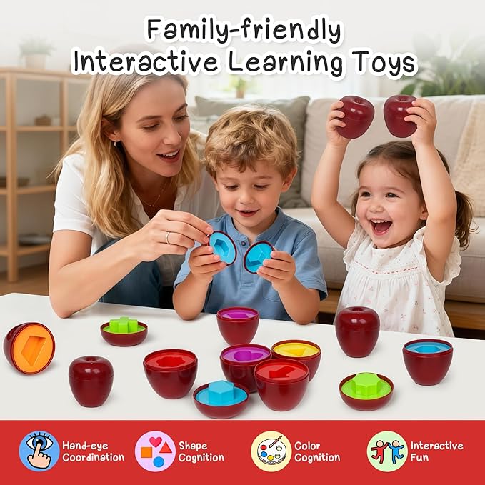 Apple Toys,Montessori Geometric Shape Sorter Toys for Toddlers 3-5,Early Educational Learning Color Sorting & Matching Games,Fine Motor Toddler Activities for Preschool Classroom & Gifts