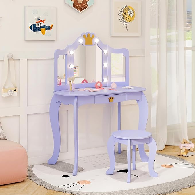 HONEY JOY Kids Vanity with Lights, Crown Girls Vanity Set with Mirror and Stool and Lights, Toddler Vanity, Wooden Makeup Table for Little Girls, Pretend Play Kids Vanity Table and Chair Set(Violet)
