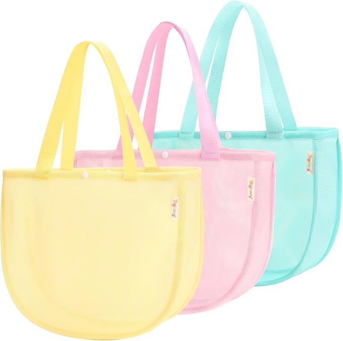 Tagitary Beach Toy Mesh Beach Shell Bags for Kids, Sand Toys Kids Beach Essential Treasure Bag Swimming Pool Bag Beach Gift for Boys and Girls(Only Bags,A Set of 3)