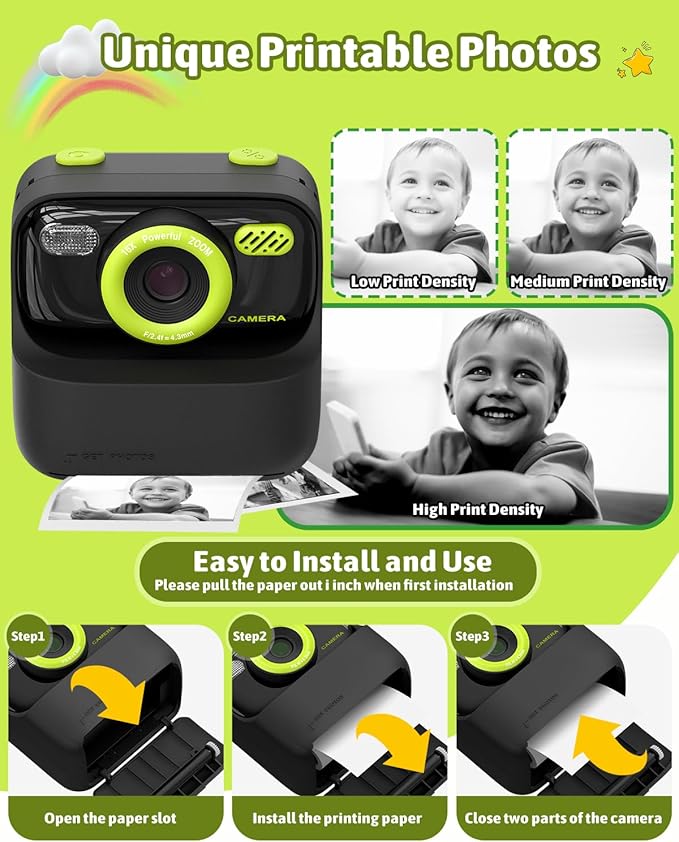 Mgaolo Kids Camera Instant Print Photo,Children Digital Camera Toys Gift with HD Video for Girls Boys 3-12 Age,Chritmas Birthday Festival Present for 3 4 5 6 7 8 9 Year Old Child (Black)