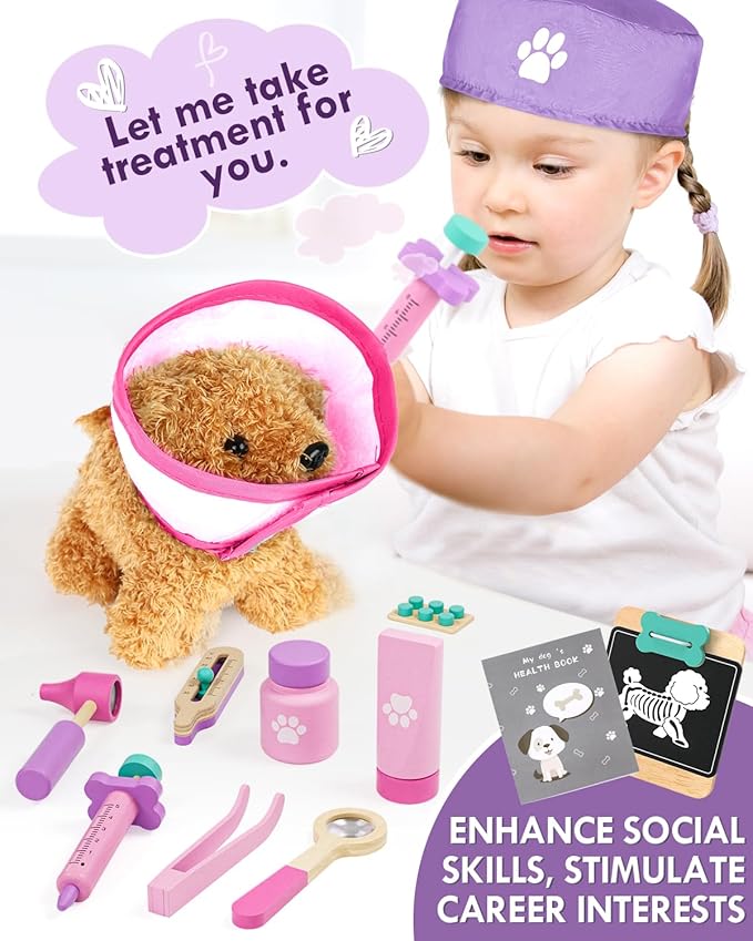 Lehoo Castle Toys for 3 4 Years Old Girls, Vet Play Sets, Wooden Doctor Kit for Toddlers 3-5 Pink, Pretend Play Dr Kits with Puppy, Dog Bag, Medical Accessories