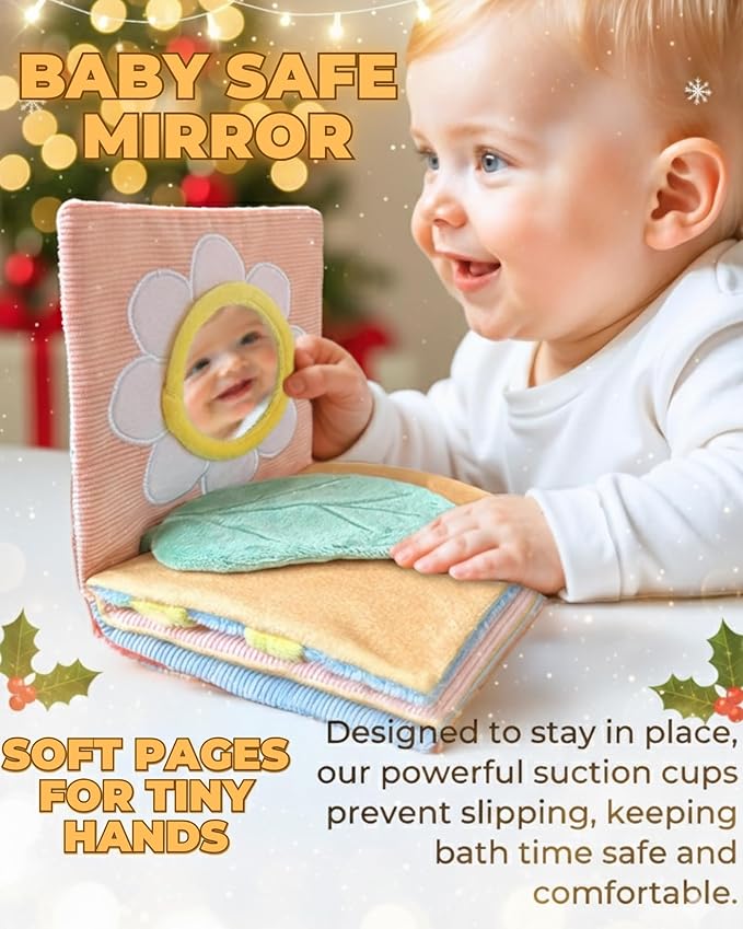 Cute Soft Baby Book with Mirror, Activities, Touch and Feel & Crinkle Pages - Interactive Sensory Cloth Toy for Babies 0-6, 6-12 & 12-18 Months - Adorable Animal Themes for Early Development