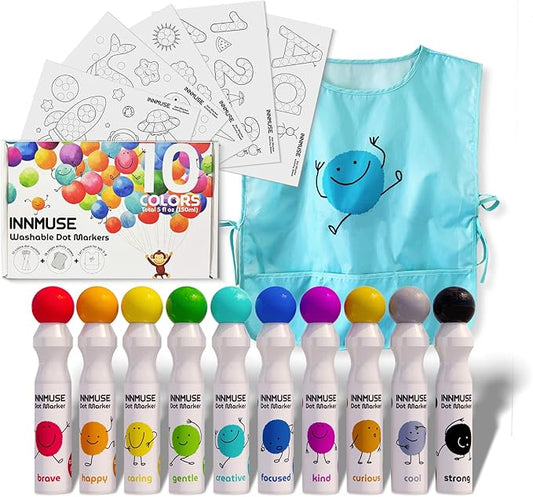 10-Color Washable Dot Markers for Kids, Includes Smock & Activity Sheets, Toddler Stocking Stuffers, Preschool Arts and Crafts Kit for Kids Ages 3-5