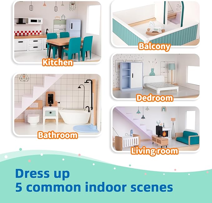 OOOK Wooden Dollhouse for Kids, Doll House with Simulated Luxury Furniture Set, Dollhouse Playset for Girls Toddlers (Including 4 Family Dolls and a Dog)