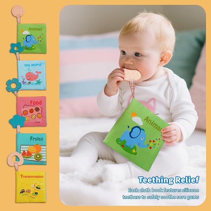 5-Pack Soft Cloth Crinkle Books for Babies 0-3, Washable Non-Toxic Sensory Early Educational Toys, Bath & Learning Cloth Books for Infants, Giftable Preschool Learning Gifts (Five Themes)