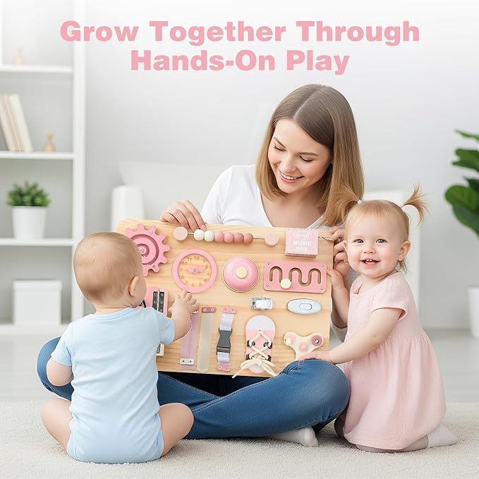 Joyreal Montessori Large Busy Board with Stand, Montessori Sensory Toys for Fine Motor Skills, Wooden Fidget Activity Board for Toddlers, Gifts for Baby Girls (Large Pink)