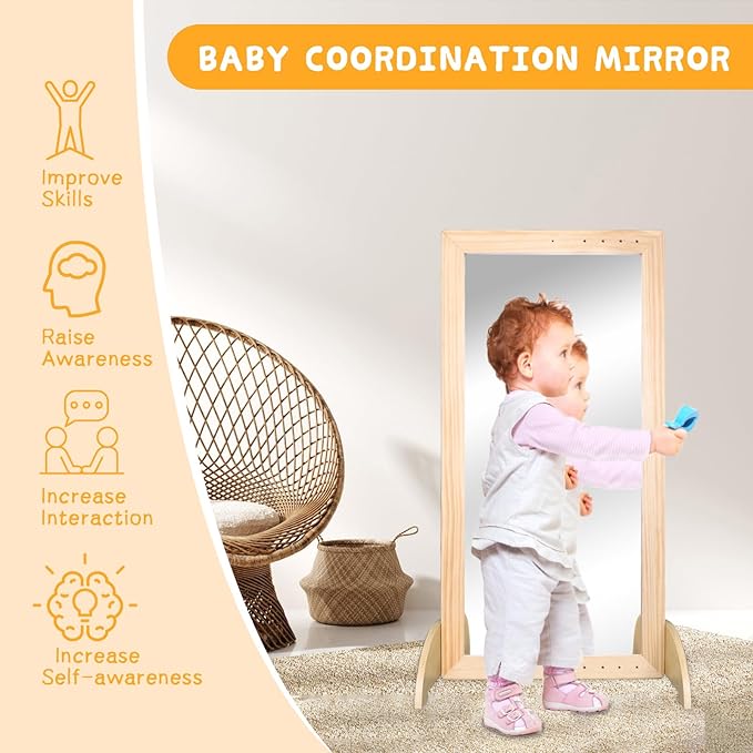 Montessori Mirror with Bar, Adjustable Wood Baby Pull Up Bar, Floor & Wall Shatterproof Safety Infant Coordination Montessori Furniture, for Home, Daycare, or Preschool