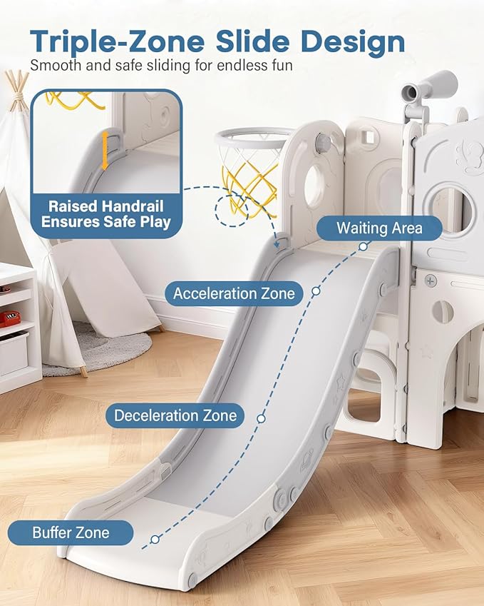 Babytronic Toddler Slide, 8 in 1 Kids Slide with Basketball Hoop, Telescope and Climber, Baby Slide Toddler Playground, Indoor Outdoor Playset for Toddlers Age 1-3, Kids Indoor Playground (White&Gray)
