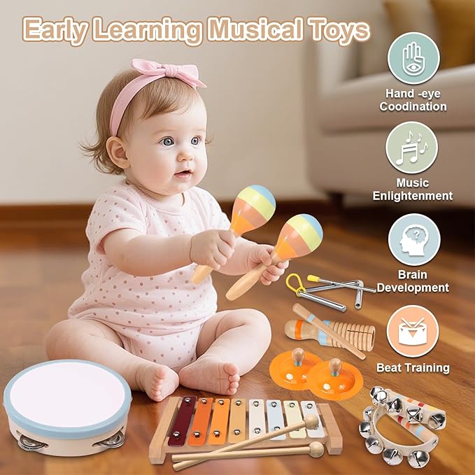 Baby Musical Instruments-Wooden Montessori Musical Toys for Toddlers 1-3, INLAIER Neutral Colors Xylophone Tambourine Musical Instruments for Toddlers 1-3 4 5 Kids Preschool Educational Gifts