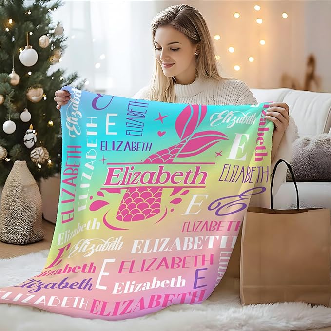 Girls Blankets, Custom with Name Mermaid Throws Gifts for Kids Teens Women, Personalized Soft Comfy Monogram Flannel Fleece Blanket for Bed Couch Sofa Home Decor, Mermaid Stuff Themed Gifts