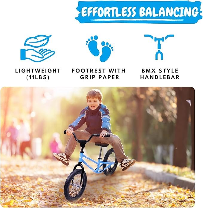 16 Inch Kids Balance Bike for 5-8 Year Old, BMX Kids Bike with No Pedals, Air Rubber Tires, Footrests, Adjustable Height for Big Kids, Boys, Girls (Blue)