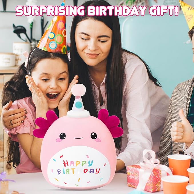 SQEQE Happy Birthday Axolotl Plush Axolotl Stuffed Animal Toy Pink Birthday Plushies Home Decor for Girls Boys Kids(14 Inch)