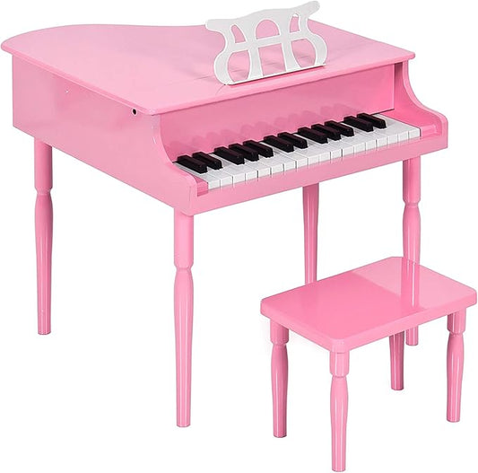 Best Choice Products Kids Classic Wooden 30-Key Mini Grand Piano Musical Instrument Toy w/ Piano Lid, Bench, Foldable Music Rack, Song Book, Note Stickers, Enamel Finish - Pink
