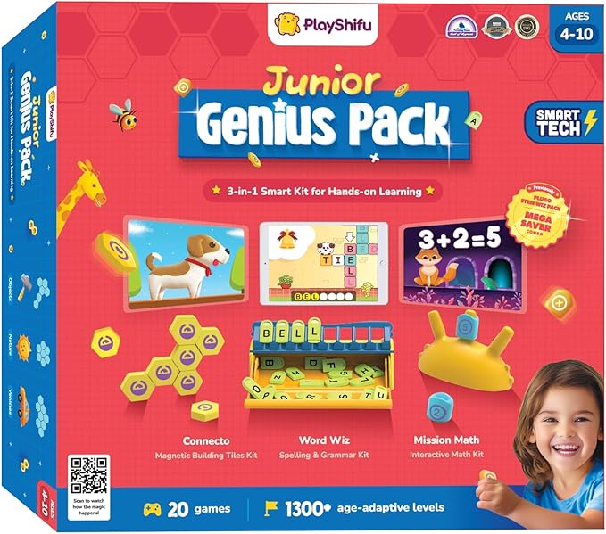 PlayShifu Junior Genius Pack | 3-in-1 STEM Learning Kit with Word Wiz, Mission Math & Connecto | Tech-Powered Educational Toys for Kids Ages 4–10 | Gift for Boys & Girls | Tablet Not Included
