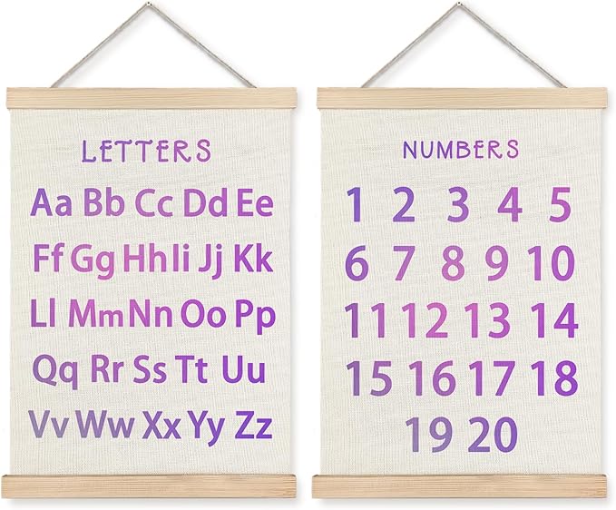 Supwhd Classroom Wall Decor, Numbers and Alphabet Educational Wall Art Poster, Alphabet ABC Numbers from 1 to 20 Poster Wall Decor for Toddler Kids Room Playroom Classroom, 12x16 Set of 2（Purple）