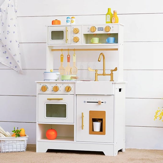 Wooden Play Kitchen for Kids with Ice Maker — Small White Pretend Kitchen Set with Sink, Stove, Oven & Microwave, Utensils and Storage, Montessori Role-Play Toy, Gift for Toddlers Ages 3+