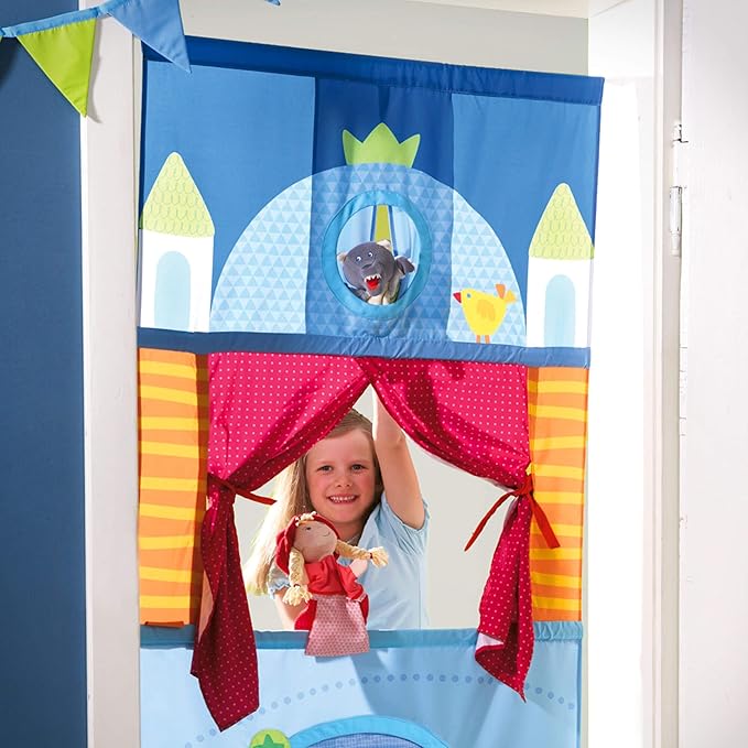 HABA Doorway Puppet Theater - Space Saver with Adjustable Rod: Ideal for Pretend Play, Hand Puppets, Educational Kids Activities, & Toys for Toddlers 3 Years and Up