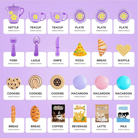 Tea Party Set for Little Girls, Pretend Dessert Food Set for Kids Age 3 4 5 6 7 8 9, Kids Kitchen Pretend Play Dessert Set for Girls Princess Boys (Purple)