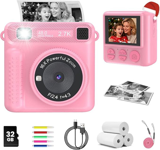 Kids Instant Print Camera - Christmas Birthday Gift for Boys and Girls Ages 3-12, Kids Digital Camera Toys with 1080P HD Video, 32GB Card (Pink Pro)