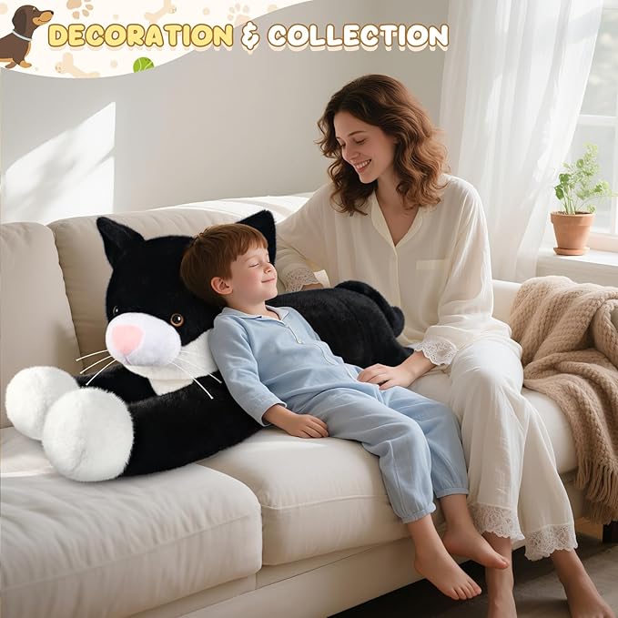 43 inch Black and White Cat Stuffed Animal, Lifelike Tuxedo Cat Plush Toy for Stress Relief & Companion, Extra Soft Giant Stuffed Animals, Giant Plushies Gifts for Kids Adults