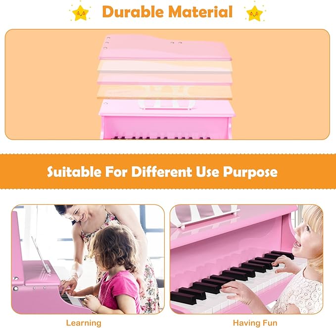 30-Key Kids Piano Keyboard, Mini Grand Piano for 3 Years+, Toddler Musical Instrument with Stool & Removable Music Stand, Wooden Baby Music Toys Gifts for Beginners, Girls & Boys