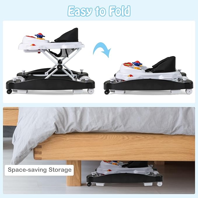 HONEY JOY Baby Walker, 6-in-1 Foldable Baby Walker and Bouncer Combo, Infant Activity Walker with Wheels, Adjustable Heights, Rocker, Music, Lights, Walker for Baby Boy Girl 7-14 Months (Black)