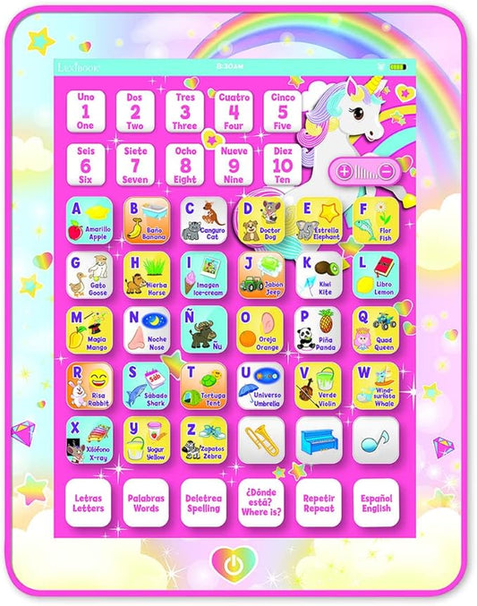 LEXiBOOK Unicorn Educational Bilingual Interactive Learning Tablet, Toy to Learn Alphabet Letters Numbers Words Spelling and Music, English/Spanish Languages, Pink, JCPAD002UNIi2
