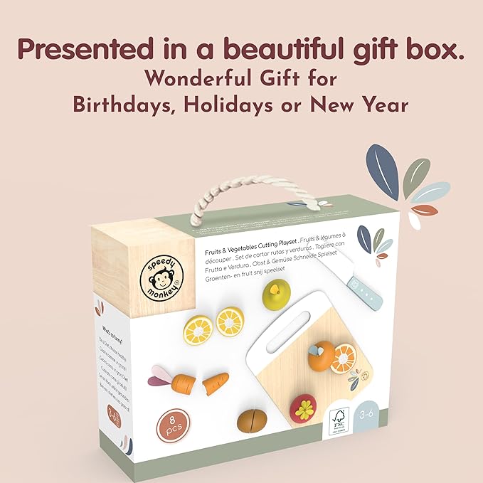 SPEEDY MONKEY Wooden Play Food Set for Toddler – Fruits & Vegetables Cutting Playset, FSC Certified Pretend Food Toy for Kids, Role Play Kitchen Set with Safe Cutting Board & Knife