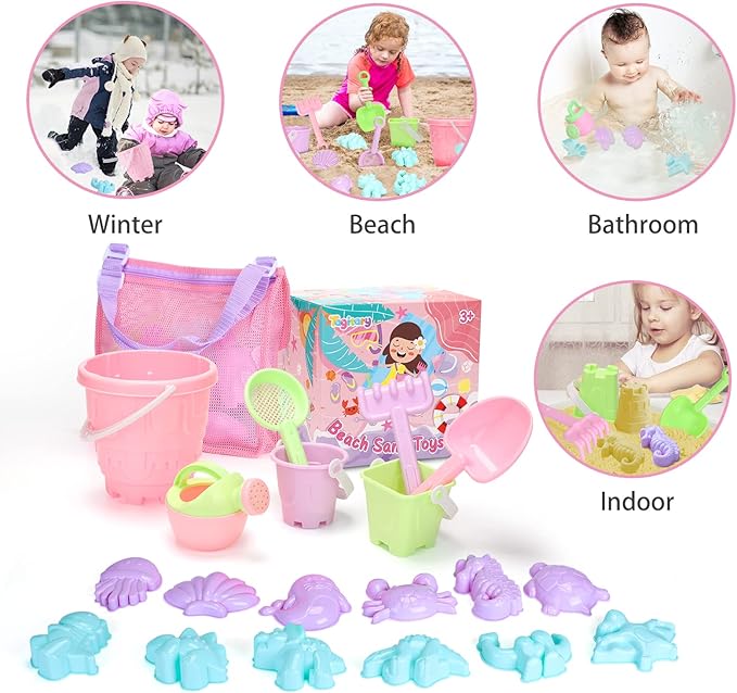 Tagitary Beach Sand Toys Set for Kids 3-10 with Bucket Watering Can Shovel Rake Sand Molds Beach Shell Bag