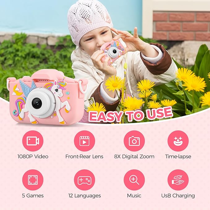 KANAD Kids Camera for 3-12 Year Old Girls, 1080P HD Digital Camera with 32GB SD Card, Shockproof & Easy-to-Use Toys for Camera, Christmas Stuffers Gifts for Kids, Encourage Creativity & Outdoor Play