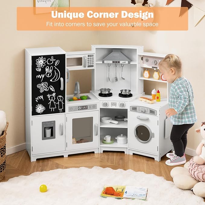 GLACER Corner Wooden Play Kitchen for Kids, Large Pretend Play Kitchen Playset with Sound, Light, Chalkboard, Microwave, Ice Maker, Washing Machine, Accessories, Toy Kitchen Set for Ages 3+ (White)