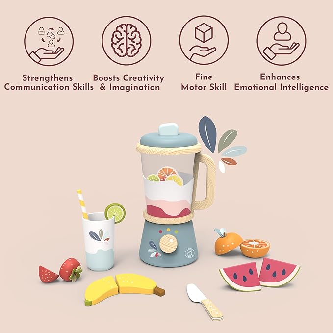 SPEEDY MONKEY Smoothie Maker Blender Set - FSC Wooden Food Blender Toy for Kids, Pretend Play Kitchen Appliance, Role Play Toy Mixer for Toddlers, Fun Fruity Smoothie Playset to Make a Healthy Shake