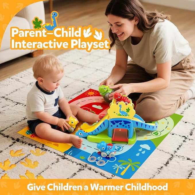 Toddler Toys for 1 2 Year Old Boy Gifts - Educational Dinosaur Slide Set with 4 Color/Number Push Cars and Playmat, Montessori Learning Toy for Baby 12-18 Months,1st Birthday Present Ages 1-2,Primrose