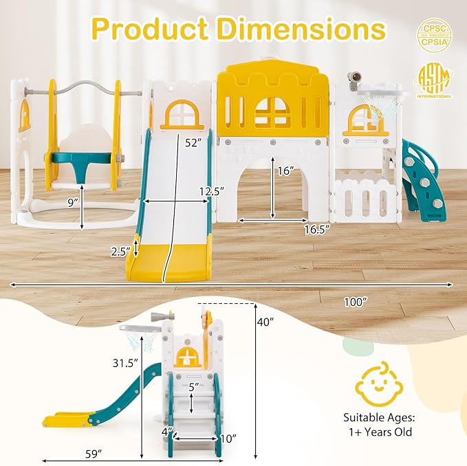 Costzon 10 in 1 Toddler Swing and Slide Set, Kids Slide and Climber Playset w/Aisle, Peek-a-Boo Window & Storage Space, Baby Indoor Playground for Aged 1+ (Yellow,100" × 59" × 40")