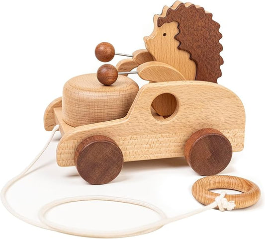 Hedgehog Pull-Along Toy | Musical Wooden Pull Toy with Wooden Grip Ring | Natural Drumming Sound for Toddlers 1.5+ Years
