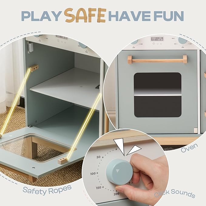 ROBOTIME Play Kitchen for Toddlers, Wooden Kids Kitchen Playset with Real Lights & Sounds/Ice Cube Dispenser, Pretend Play Montessori Toy, Gift for Ages 3+ (Blue)