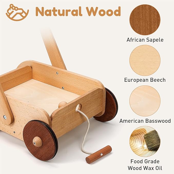 Woodtoe Wooden Baby Walker, Adjustable Speed Anti-Rollover Push Walker Toy for Babies Learning to Walk, Natural Wood Toddler Push and Pull Toys Wagon Christmas Toy for Boy Girl 12 3, 1st Birthday Gift