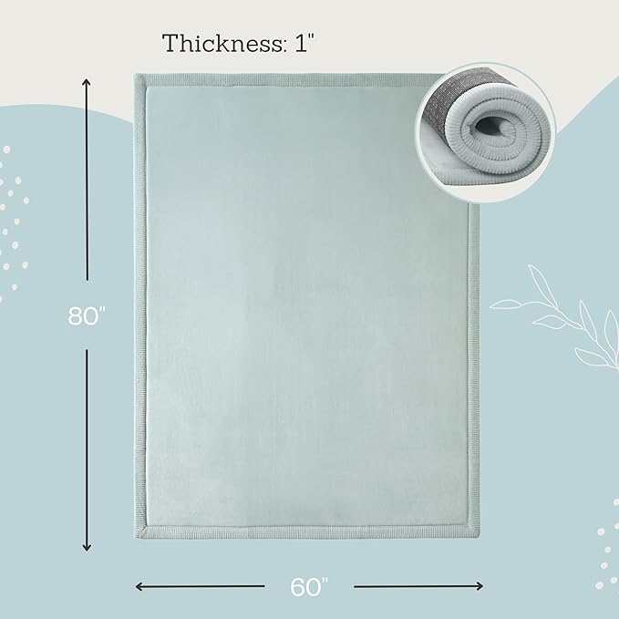 Stylish Coral Velvet Baby Play Mat for Floor 60" x 80" Green – Soft 1" Thick High-Density Memory Foam Nursery Rug,Kids Rug with Non-Slip Backing for Crawling & Playing, Playroom Rug, Kids Carpet