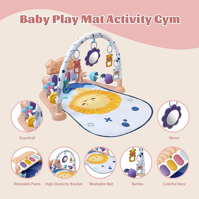 Baby Play Mat Activity Gym, Musical Activity Center, Kick and Play Piano Gym, Tummy Time Mats for Newborn Babies Infants Toddlers Boys Girls 0-3-6-9-12 Months (Apricot)